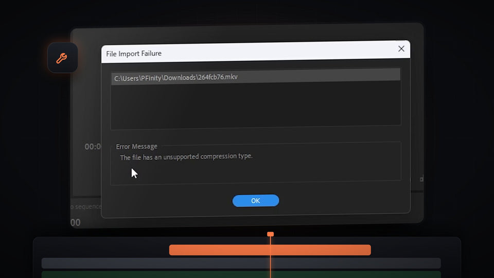 Premiere Pro File Import Failure window reading the file has an unsupported compression type for an MKV file