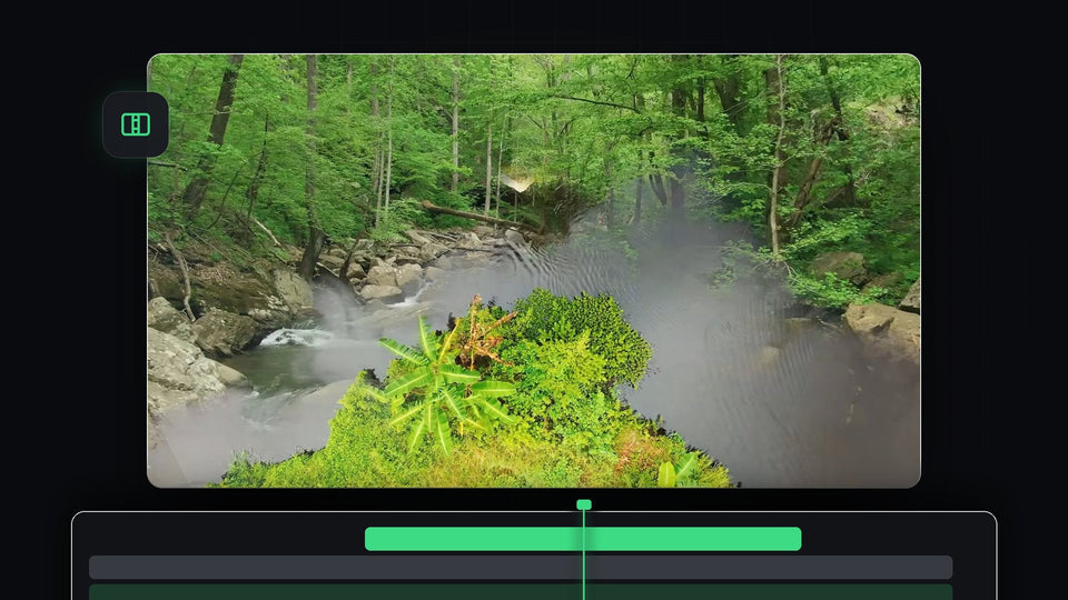 Ink splash spreading over a forest river shot while a drone view of a green island appears inside it