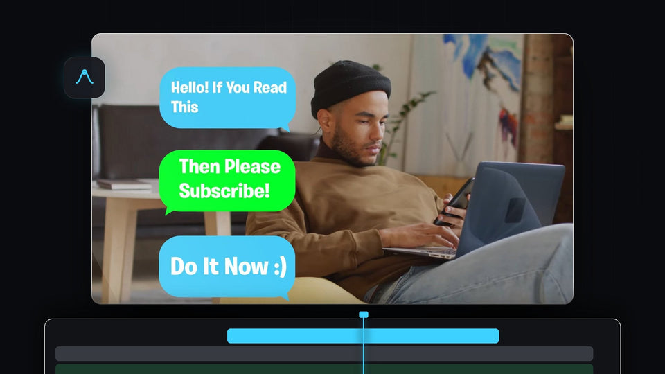 Man relaxing on a bean bag with three iPhone style chat bubbles in blue and green over the video