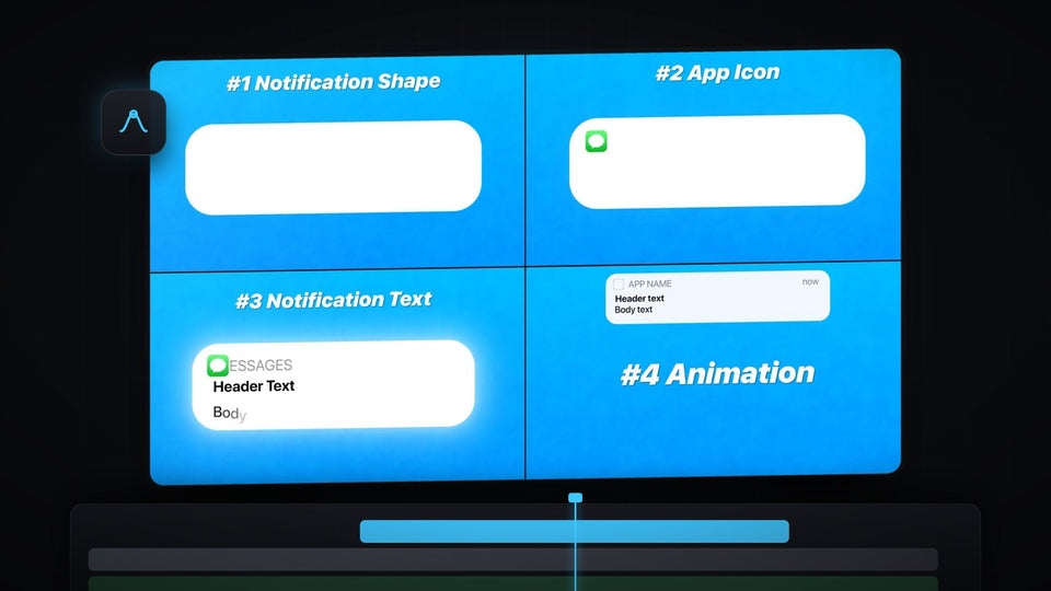 Four steps of an iPhone style notification, from rounded shape to app icon, text and animation, built in Premiere Pro