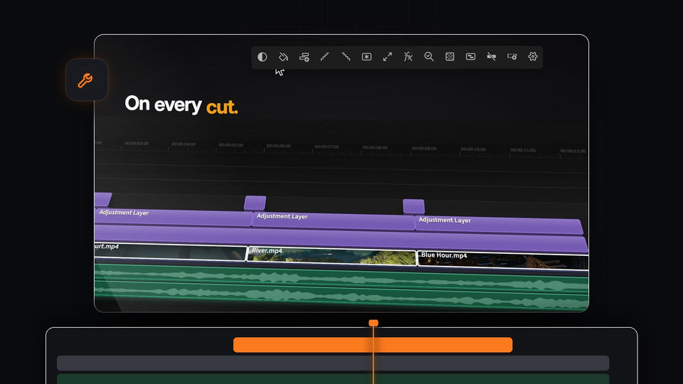 Short adjustment layers on every cut of a Premiere Pro timeline, added with a Cmd-click in Mako