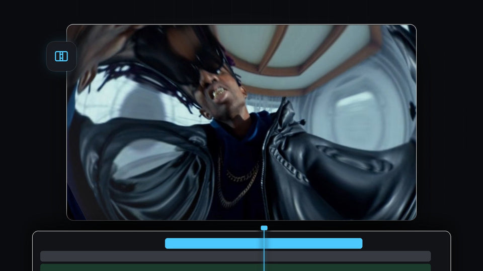Fisheye lens distortion transition in Premiere Pro with the picture warped around a man in sunglasses and a leather jacket