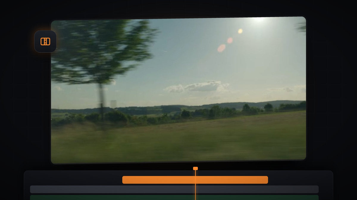 Sunny countryside shot with a bright lens flare in a Premiere Pro Program Monitor, ready for a light leak transition