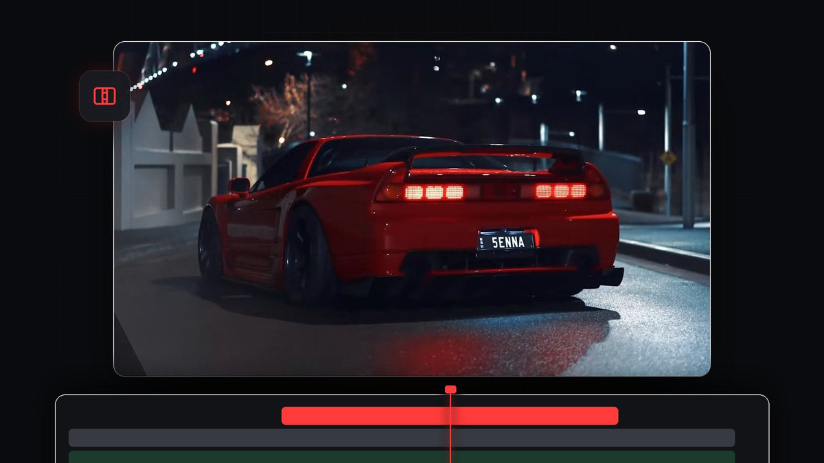 Red sports car at night on a city street with its tail lights glowing, used for a luma fade transition in Premiere Pro