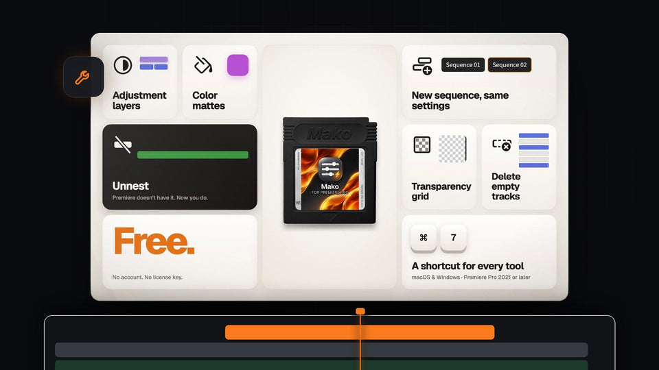 Mako for Premiere Pro feature overview: adjustment layers, color mattes, unnest, transparency grid, delete empty tracks and free