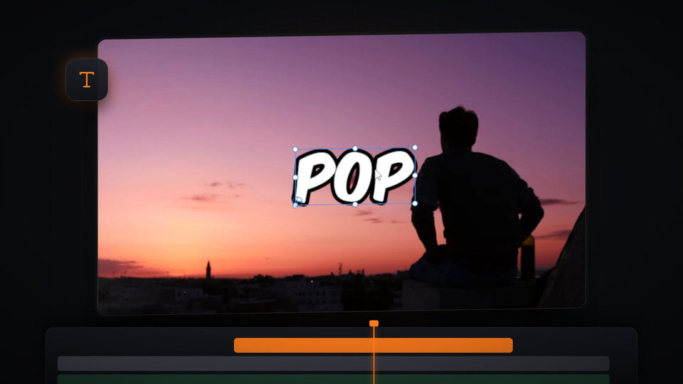 Bold white POP text with a black outline over a purple and orange sunset in the Premiere Pro Program Monitor