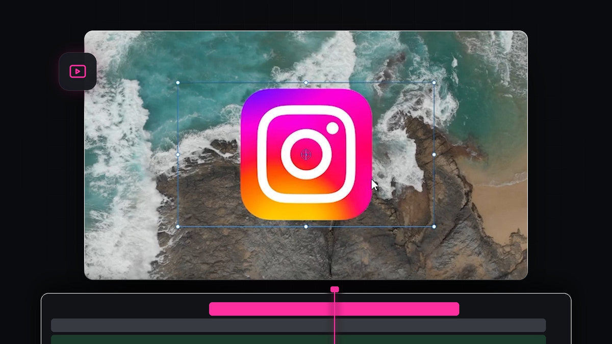 A colorful app logo overlaid on drone footage of ocean waves and rocks in Premiere Pro