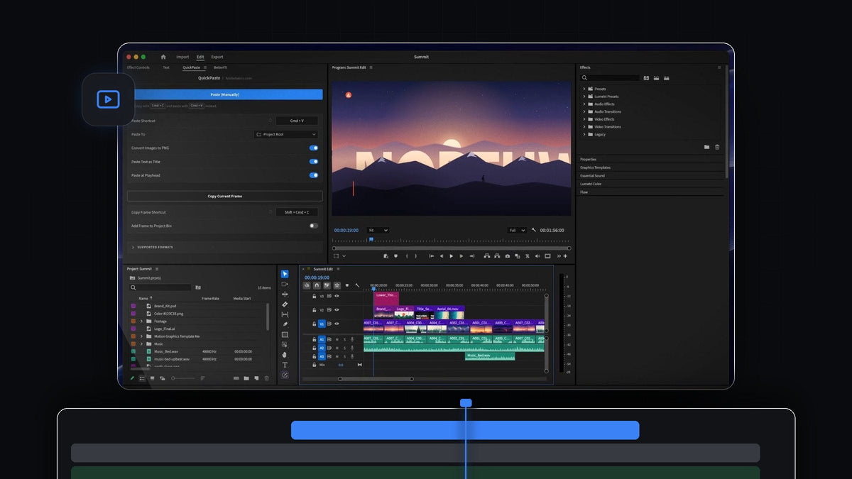 Premiere Pro with the QuickPaste panel docked and design files pasted onto the timeline, a mountain title card in the Program Monitor