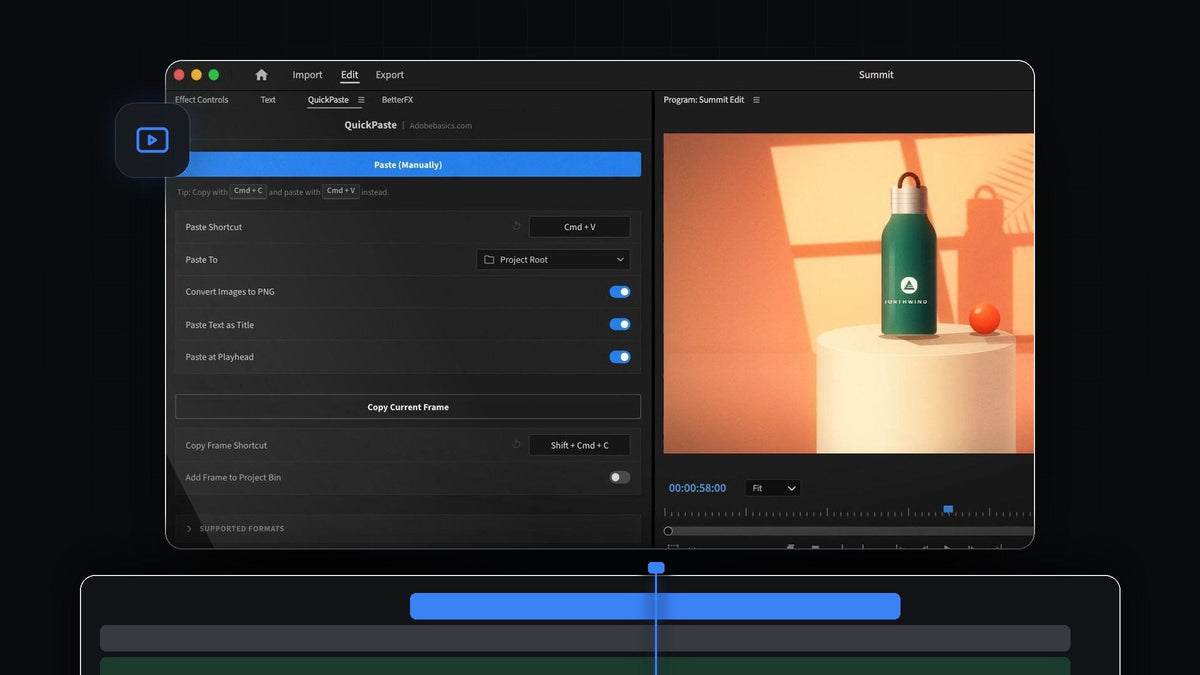 QuickPaste panel in Premiere Pro with paste settings next to a product shot in the Program Monitor