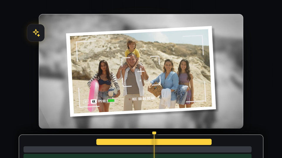 Family on a beach shown as a tilted white-bordered photo with a viewfinder overlay on a blurred black and white background