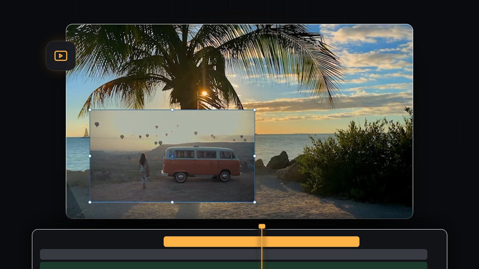 A smaller overlay video of a van and hot air balloons placed over a palm tree sunset beach in the Premiere Pro Program Monitor