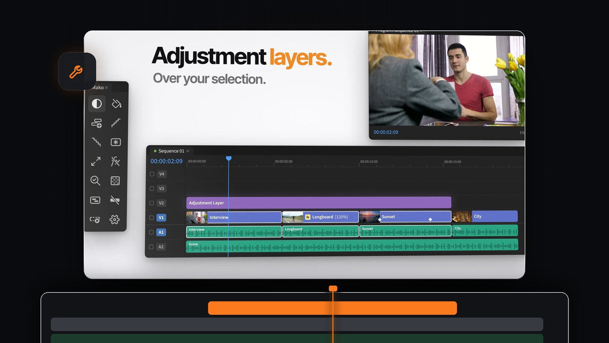 Mako panel next to a Premiere Pro timeline with one adjustment layer added over the selected clips in one click