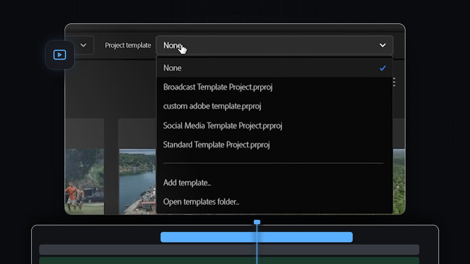Project template dropdown listing custom templates in the new project window in Premiere Pro