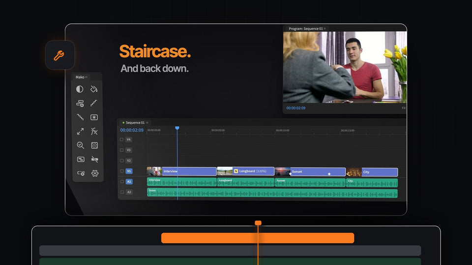 Mako Staircase result in Premiere Pro: clips stepped back down onto one track next to the Mako panel and Program Monitor