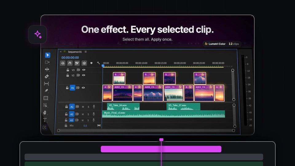 BetterFX applying Lumetri Color to twelve selected clips at once in the Premiere Pro timeline