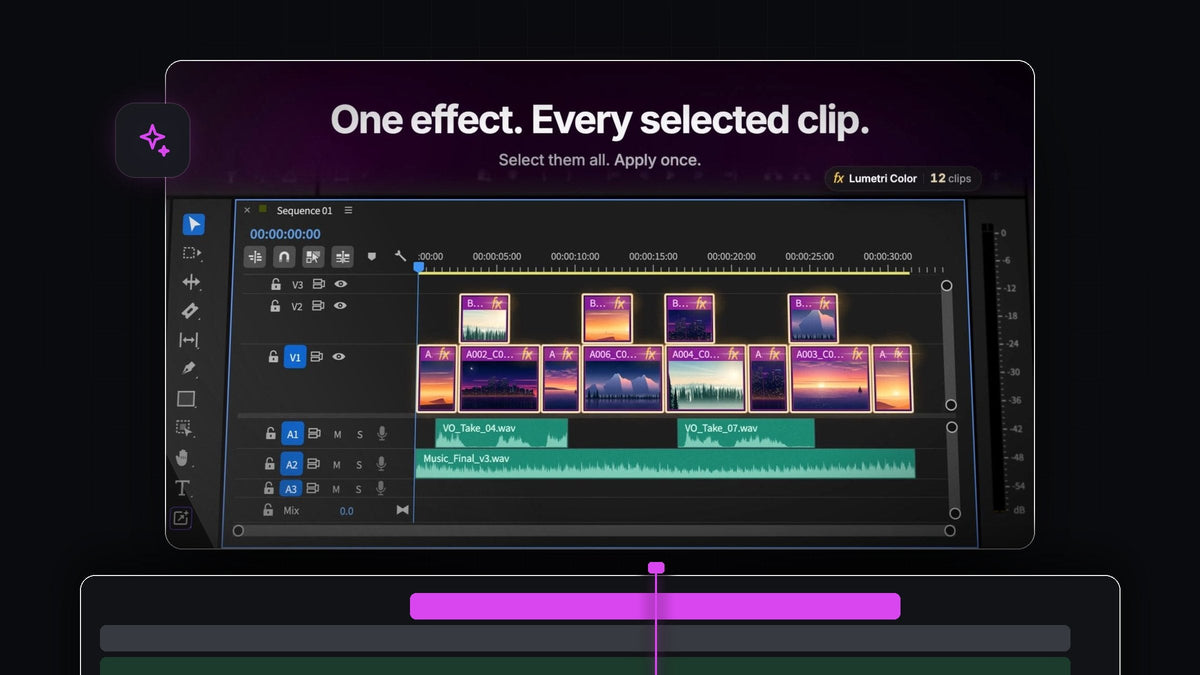 BetterFX applying Lumetri Color to twelve selected clips at once in the Premiere Pro timeline