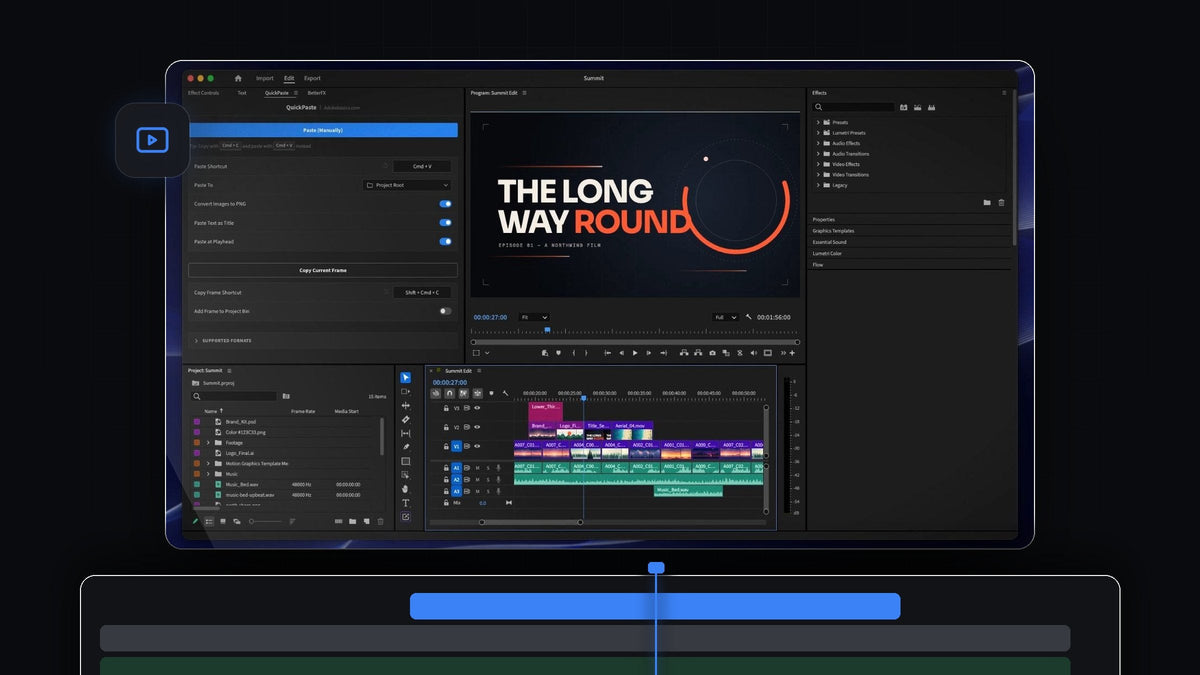 Premiere Pro with the QuickPaste panel open next to a title card and a timeline of pasted files