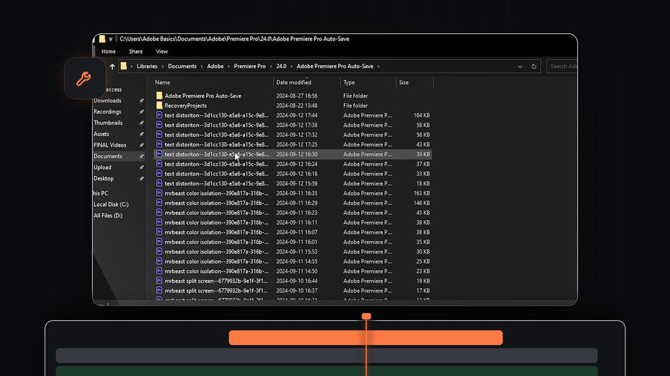 File Explorer showing the Adobe Premiere Pro Auto-Save folder with backup project files used to recover a project