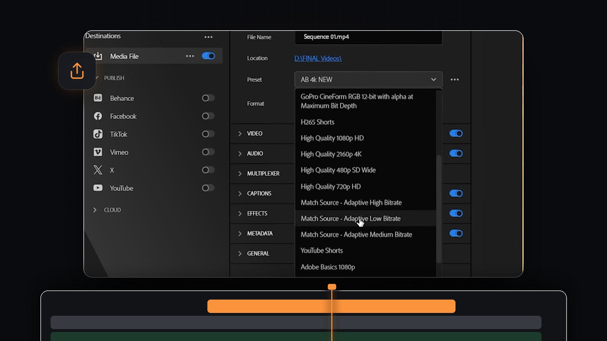 Premiere Pro export settings with the Preset dropdown open showing Match Source Adaptive Low Bitrate