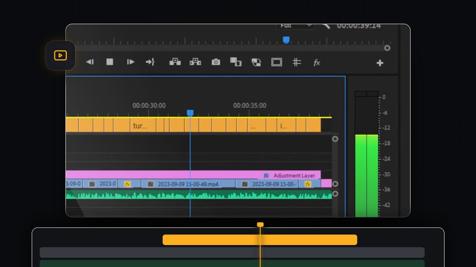 Premiere Pro timeline with the playhead mid-clip and a green audio meter during J K L playback