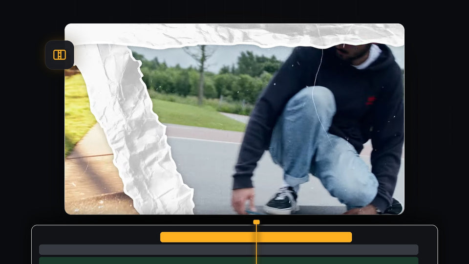 Skater crouching behind ripped white paper strips in a paper transition made in Premiere Pro