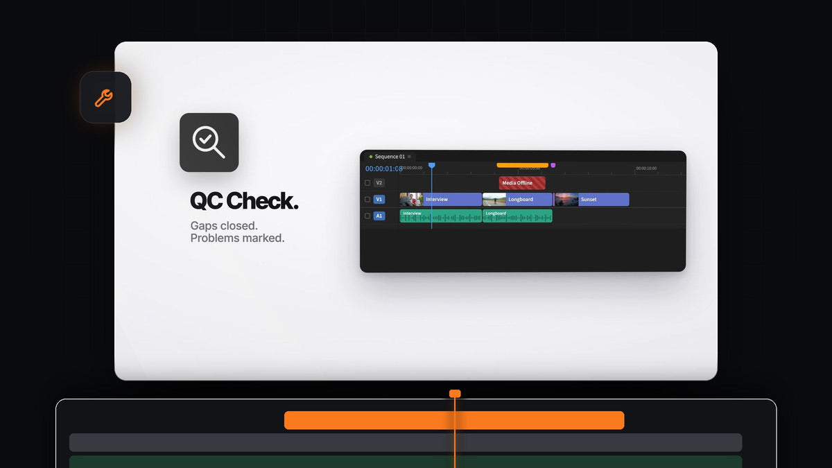 Mako QC Check for Premiere Pro: a timeline with gaps closed and markers over offline media and a tiny clip