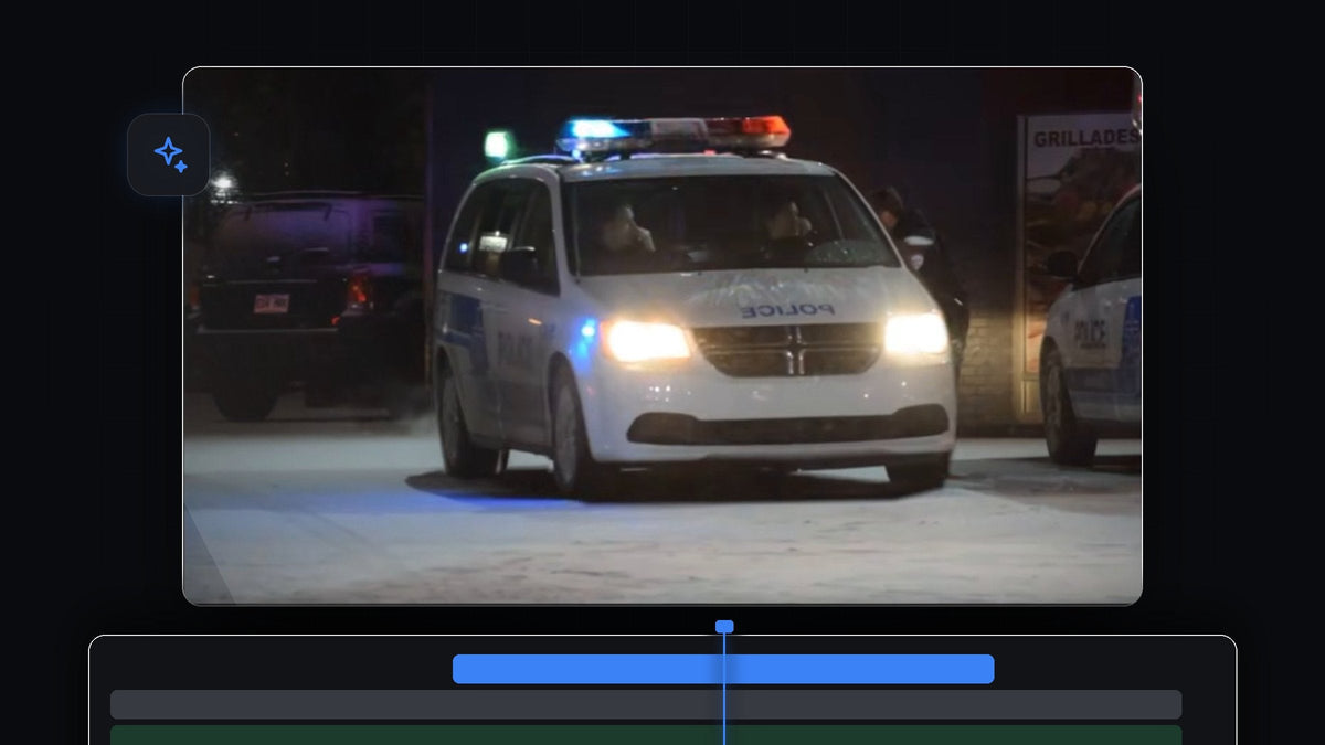 A white police van with flashing blue and red lights at night used for the shake object effect in Premiere Pro