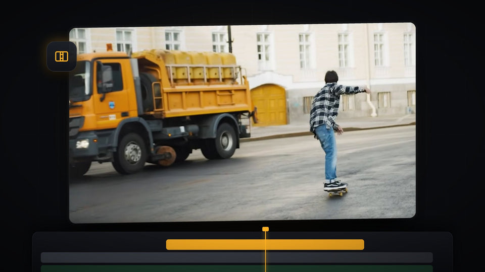 Shake transition in Premiere Pro showing an orange truck and a skateboarder in the Program Monitor mid-transition