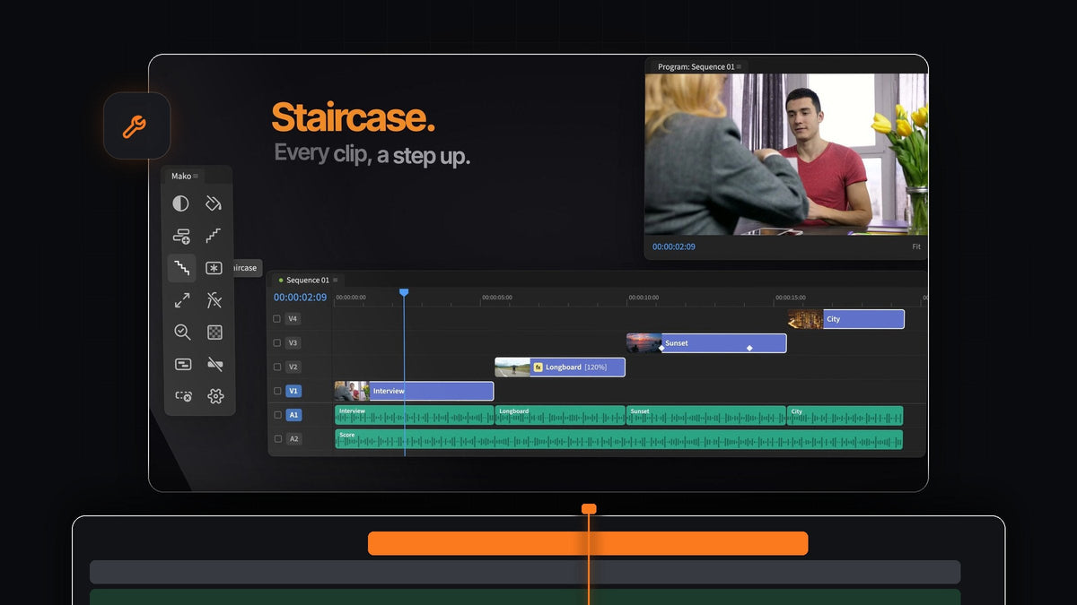 Mako Staircase in Premiere Pro: four clips stepped up one track each in the timeline, with the Staircase button highlighted in the Mako panel