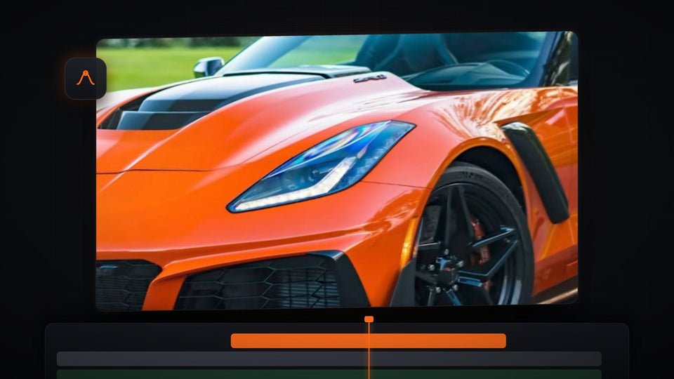 Close-up of an orange sports car headlight and wheel, zoomed in smoothly in Premiere Pro