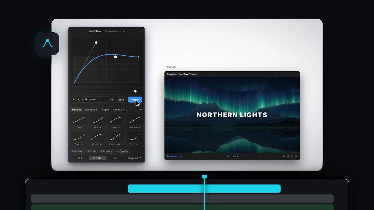 Clicking Apply in the EaseFlow panel in Premiere Pro next to a Northern Lights title in the Program Monitor