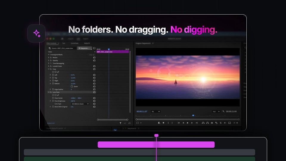 Premiere Pro with Crop and Lens Flare applied in Effect Controls through BetterFX
