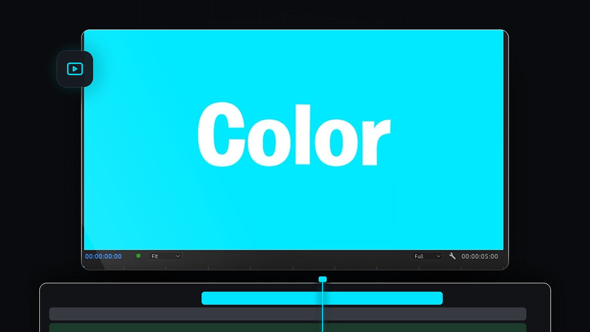 Bright cyan solid background with white text in the Premiere Pro program monitor