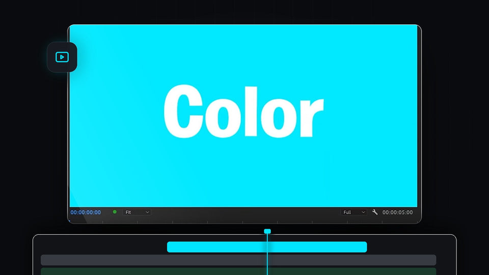 Bright cyan solid background with white text in the Premiere Pro program monitor