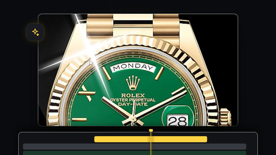 Close-up of a gold watch with a bright sparkle glint across its green dial