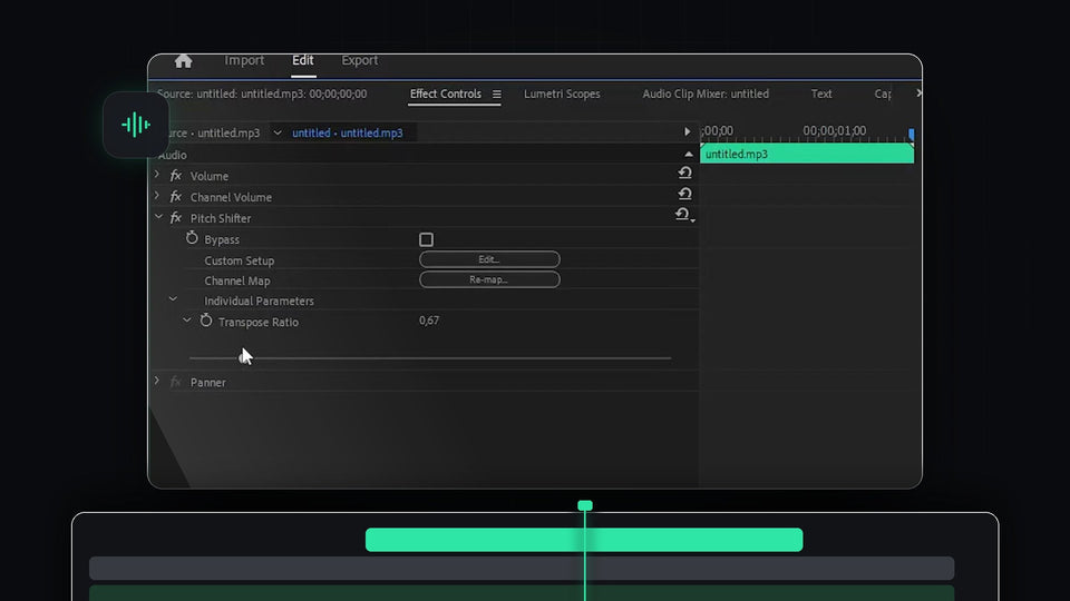 Pitch Shifter effect with the Transpose Ratio slider in the Premiere Pro Effect Controls panel above an audio clip
