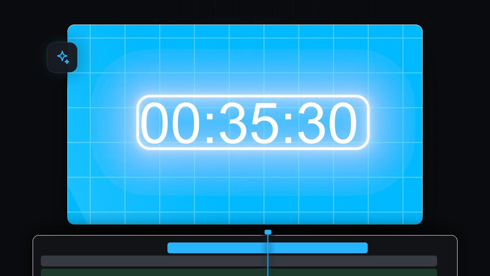 Glowing stopwatch numbers on a blue grid background showing a Premiere Pro timecode stopwatch