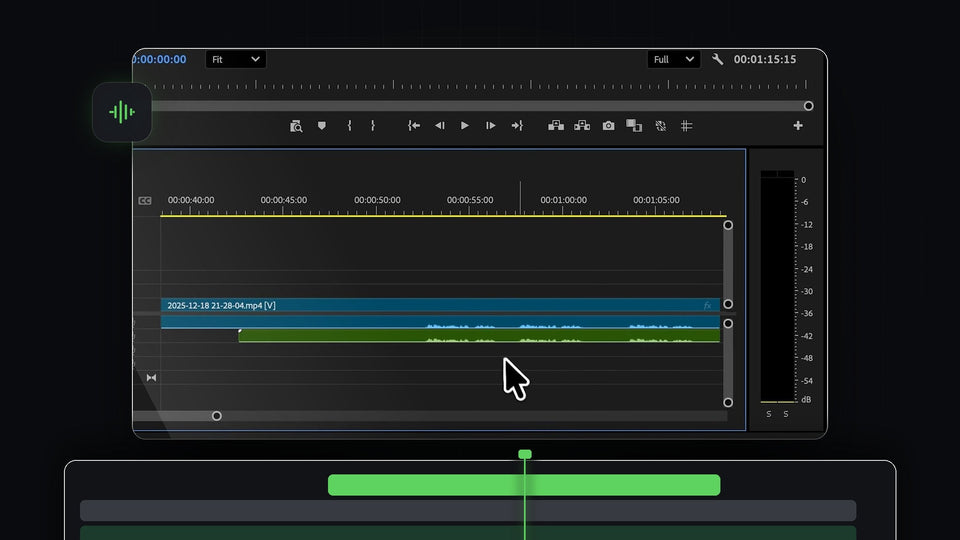 Premiere Pro timeline with a video clip and a green external audio clip synced by waveform