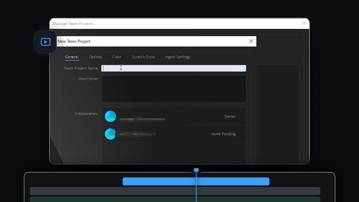 Premiere Pro New Team Project window with the Owner and Invite Pending collaborators listed