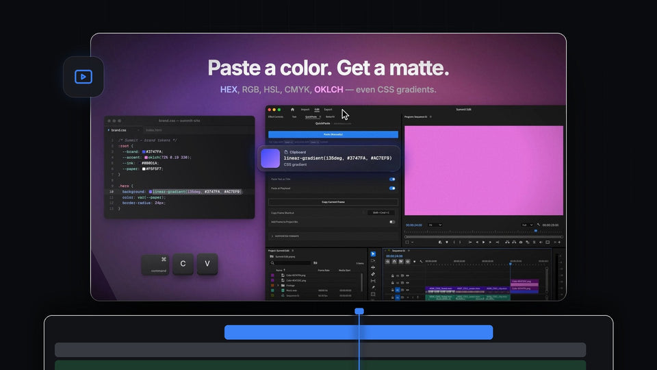 Paste a color, get a matte: a CSS gradient copied from a stylesheet and pasted into Premiere Pro with QuickPaste as a pink color