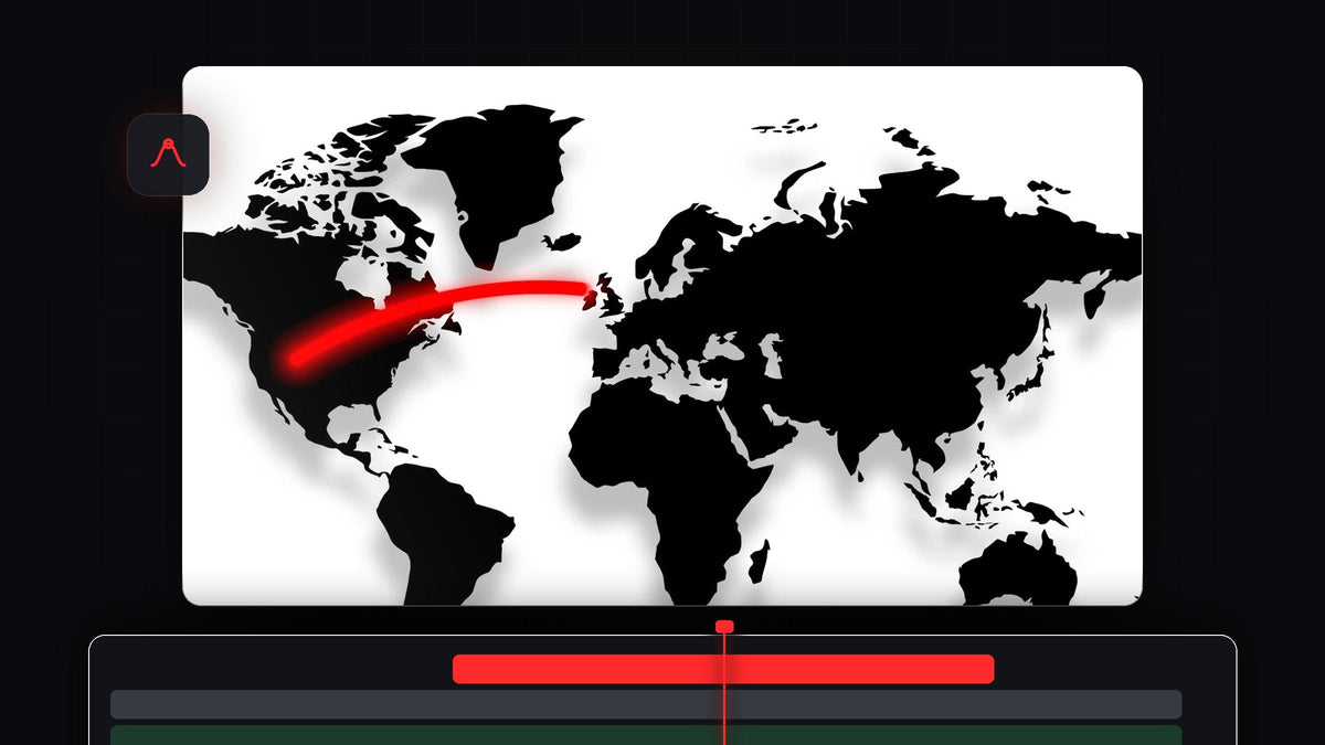 Glowing red route line curving across a black and white world map, made in Premiere Pro