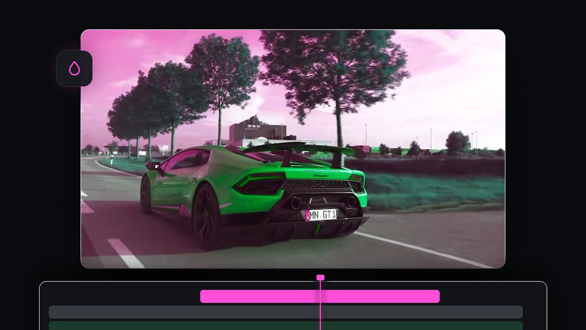 Green sports car on a road under a pink sky, showing the Travis Scott rainbow color shift made in Premiere Pro