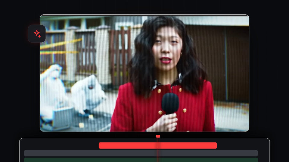 News reporter in a red coat with vertical TV scan lines and soft color fringing in Premiere Pro