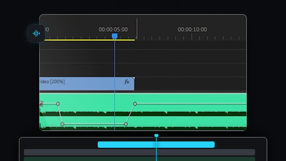 Lowpass Cutoff keyframes drawn on a green audio clip in the Premiere Pro timeline