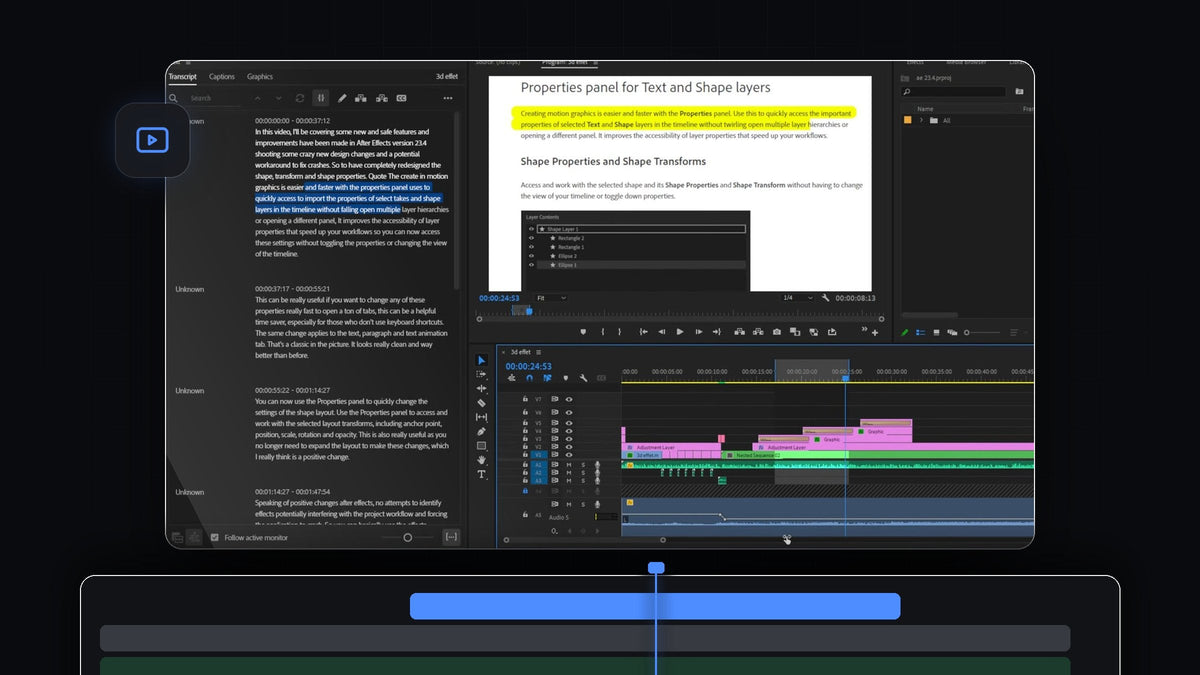 Premiere Pro Text panel with a highlighted transcript next to the Program Monitor and a multi-track timeline