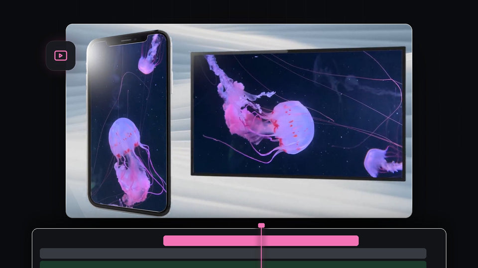 A phone showing a vertical jellyfish video next to a landscape monitor showing the rotated version of the same clip