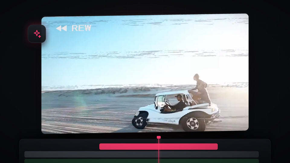 Dune buggy on a beach with a VHS REW label and tape glitch lines, a VHS rewind effect made in Premiere Pro