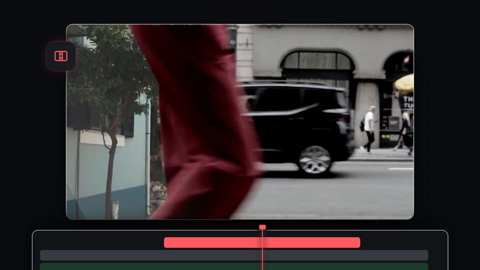 Person in red trousers walking past the camera on a city street, the start of a walk by transition made in Premiere Pro