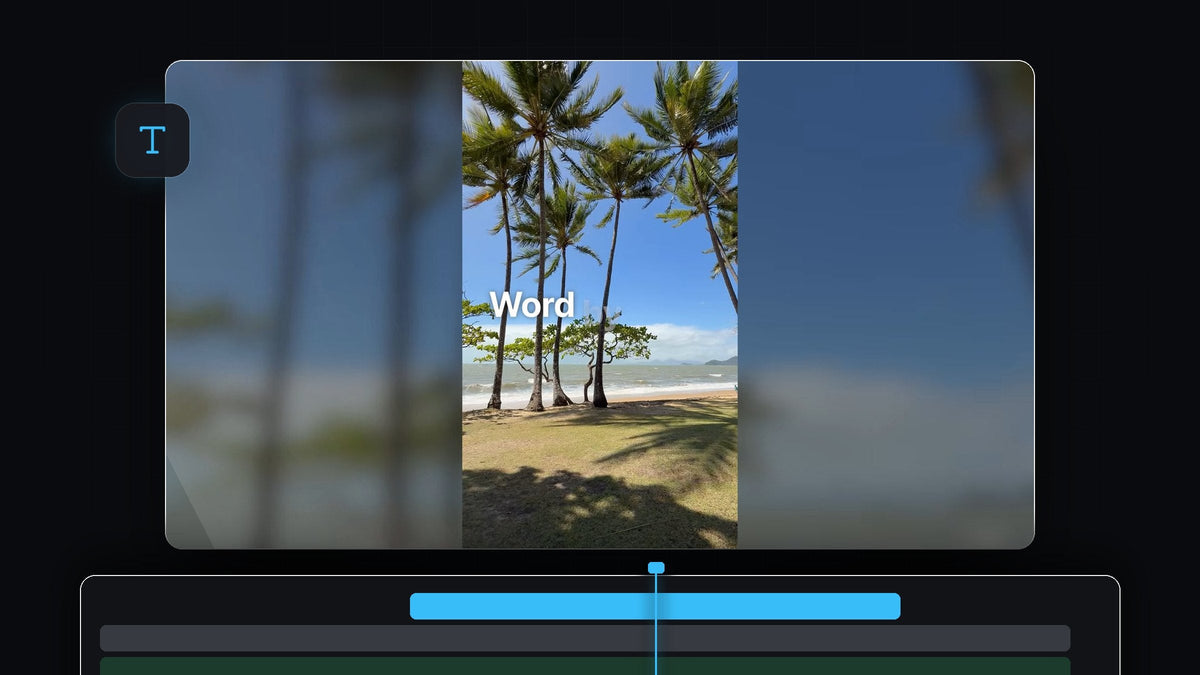 A caption starting to appear word by word over a vertical beach video with palm trees in Premiere Pro