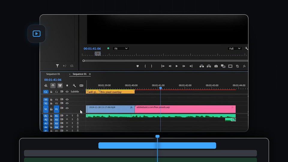 Premiere Pro timeline with an enlarged V1 video track and the audio tracks below it
